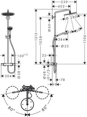 CROMA SELECT S душова система Showerpipe 280, 1jet, з термостатом, з ручним душем Raindance Select S 120, 3jet, шліфований чорний хром