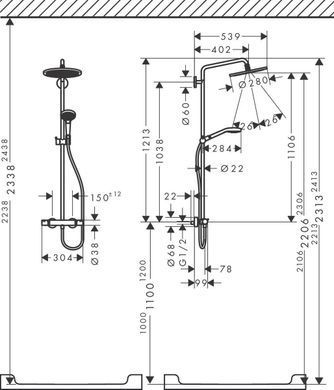 CROMA SELECT S душова система Showerpipe 280, 1jet, з термостатом, з ручним душем Raindance Select S 120, 3jet, шліфований чорний хром